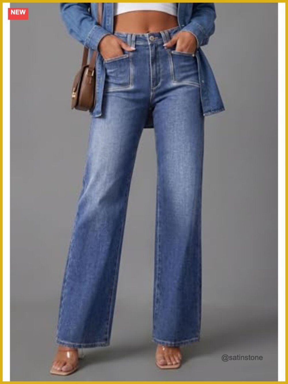 High Waisted Wide Leg Stretchy Denim Pants with Pockets - Picture 4 of 6